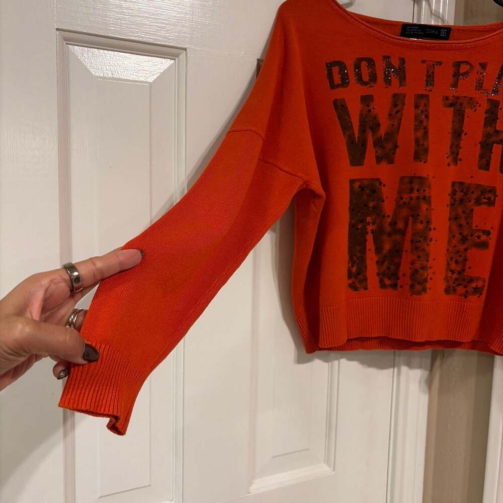 Zara Women Orange Cropped Knit Sweater with 'Don’t Play With Me’ Sequin Graphic - Picture 5 of 5